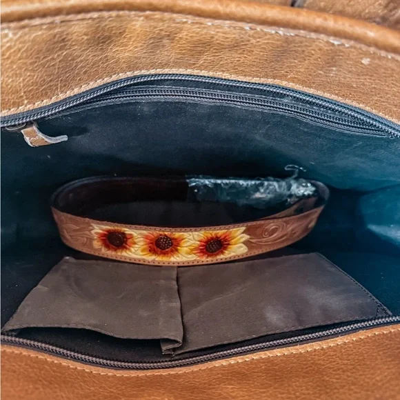 Hand-Tooled Sunflower Leather Tote with Cowhide Panel - Brown - Picture 8 of 8
